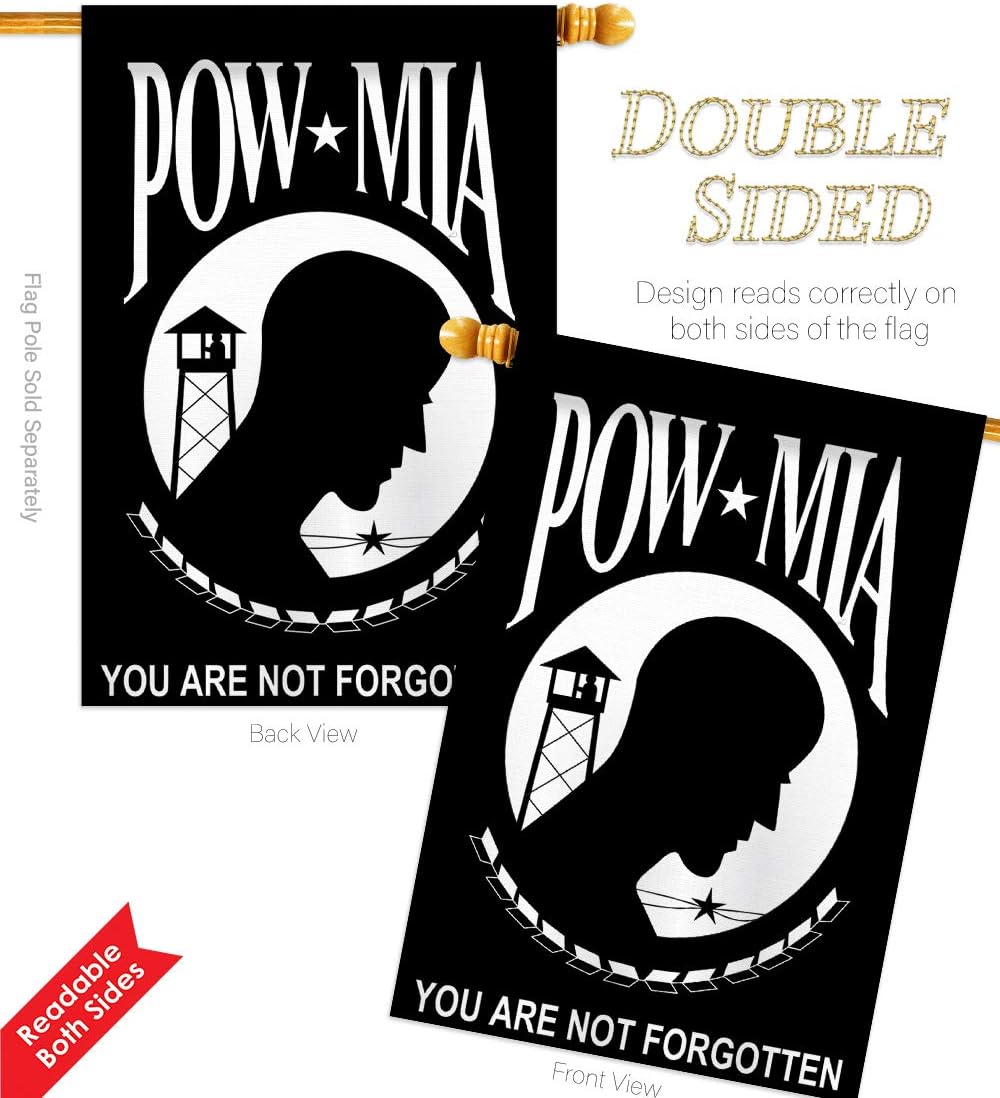 Two Group HS108016-P2-02 POW/MIA Americana Military Applique Decorative Vertical 28" x 44" Double Sided House Flag Set Aluminum Pole & Bracket Hardware