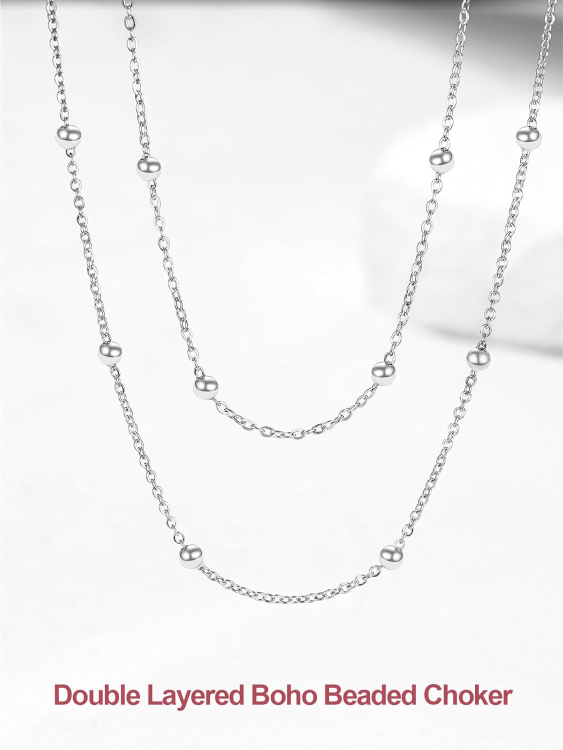 FOCALOOK Choker Necklace for Women Dainty 14K Gold Plated Double Layered Necklace Silver Black Metal Satellite Beaded Boho Choker Chain - Image 7