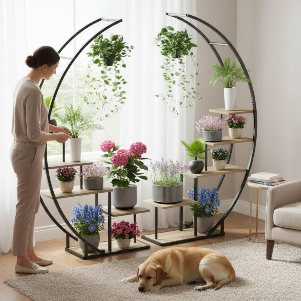 DanDiBo Pflanzenregal Indoor Blumenregal 170 cm Hoch Metall Schwarz Halbrund 96700 Blumentreppe Groß Rund Pflanzenständer Plant Stand