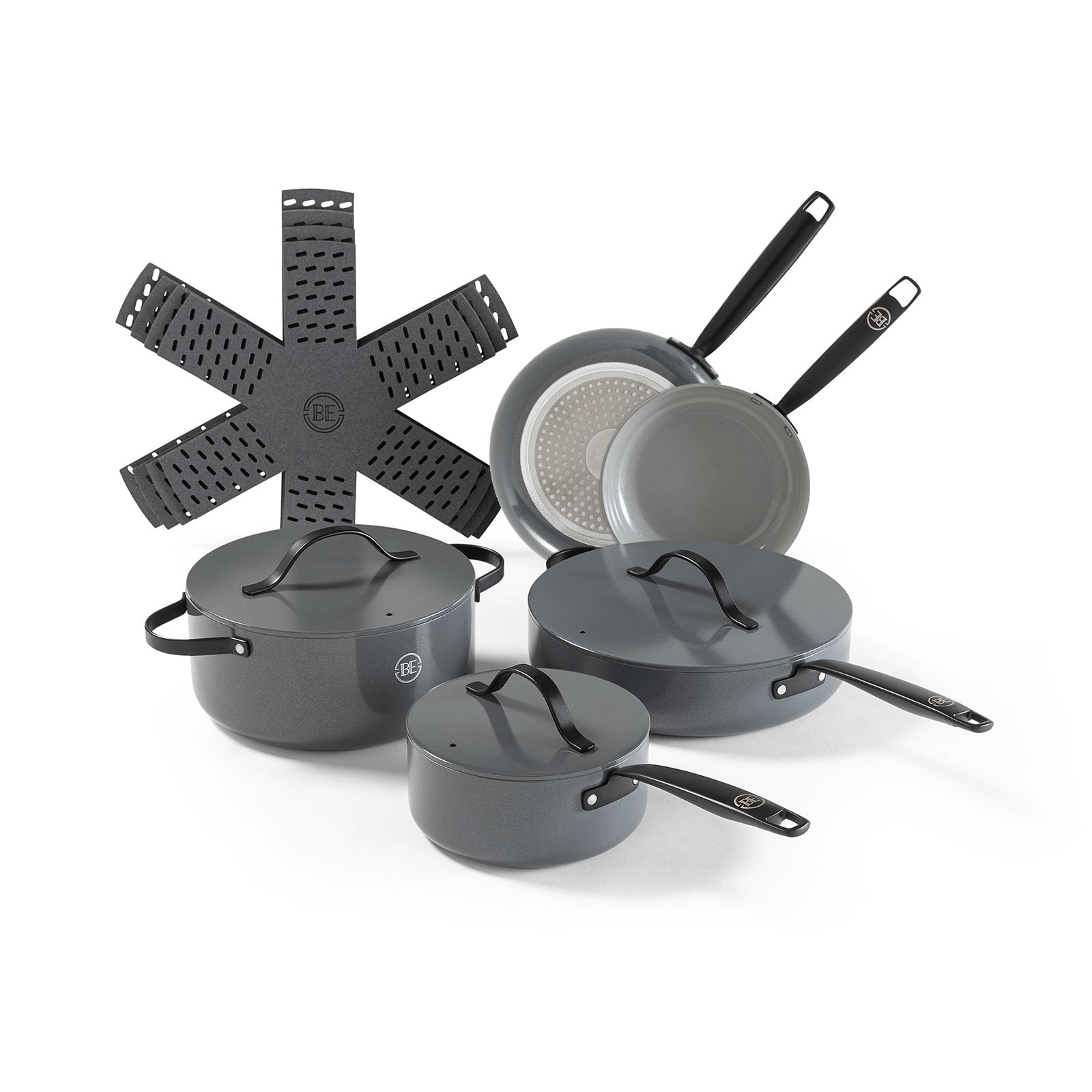 BE Living 12-częściowy zestaw garnków, garnki ceramiczne, bez PFAS, indukcyjne, do wszystkich rodzajów kuchenek, patelni, patelni, patelni do smażenia i patelni, szare