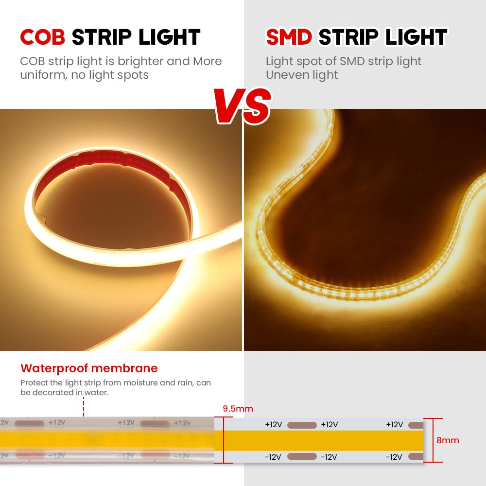 Taśma świetlna LED 12 V COB 7 m ciepła biel 3000 K IP68 wodoodporna elastyczna łańcuch świetlny 320 diod LED/m CRI90+ możliwość cięcia co 2,5 cm, idealna do dekoracji wnętrz, zasilacz nie jest