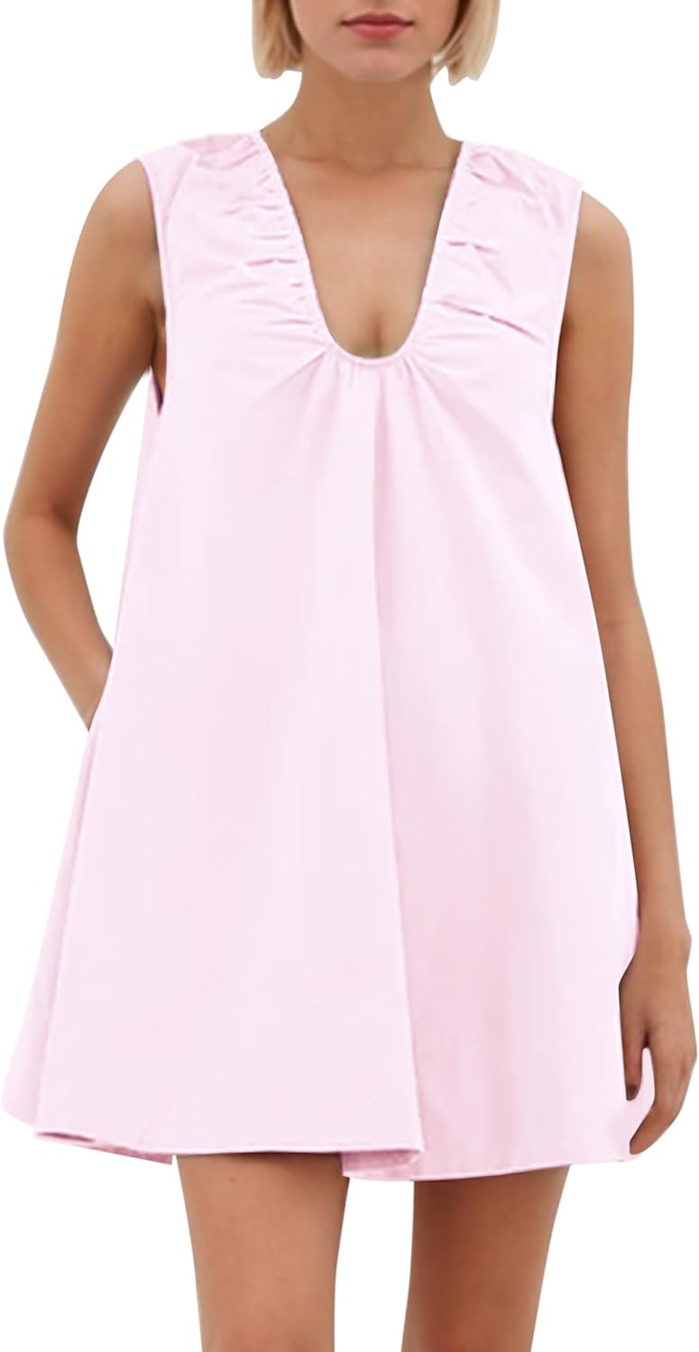 Women Summer Sleeveless Babydoll Mini Dress Scoop Neck Loose Fit Tank Dresses Party Ruched Short Dress witn Pockets - Image 5