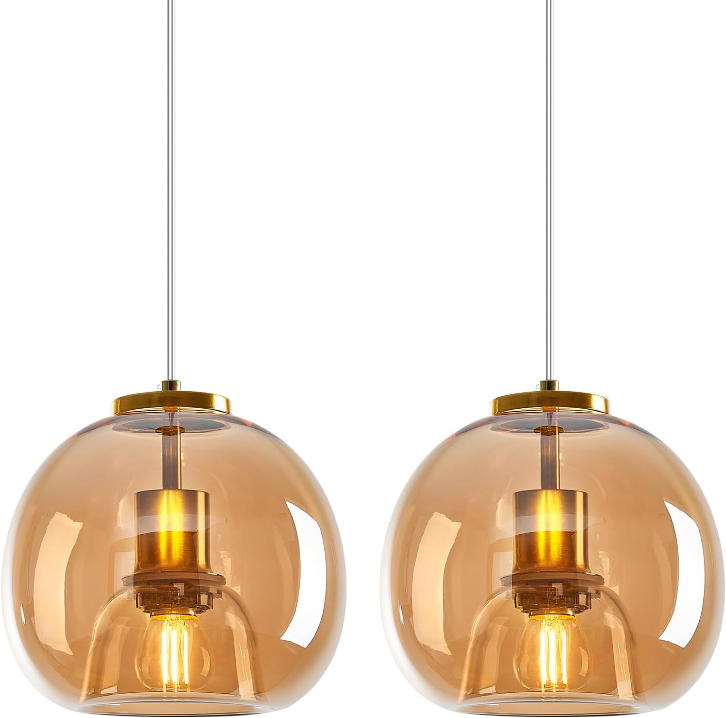 Amber Glass Pendant Lights Kitchen Island Gold Hanging Light Fixture Glass Globe Pendant Light Modern Pendant Lighting for Kitchen Island Bedroom Dining Room (7.87", 2 Pack) Amber and Gold 2 Pack