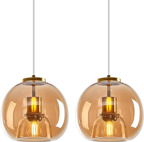 Miniatura 8 de Luces colgantes de vidrio ámbar, para isla de cocina, lámpara colgante dorada, lámpara colgante de globo de vidrio, iluminación colgante moderna