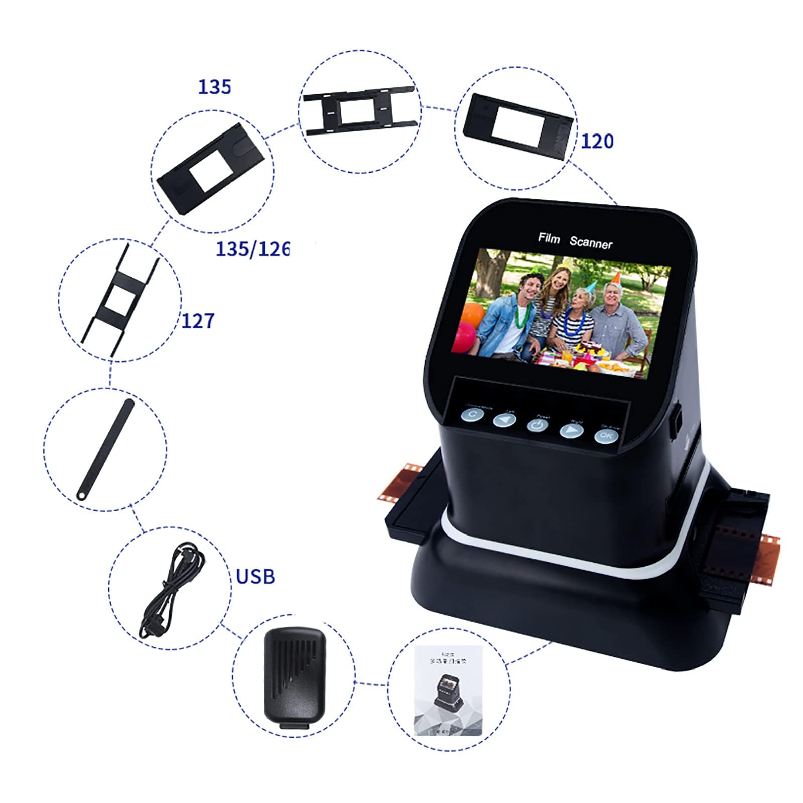 Scanner digitale per pellicola 120 e 35 mm, convertitore 5 in 1 ad alta risoluzione per negativi e diapositive, schermo LCD 1080P a JPEG per 135, 126, 127 pellicole