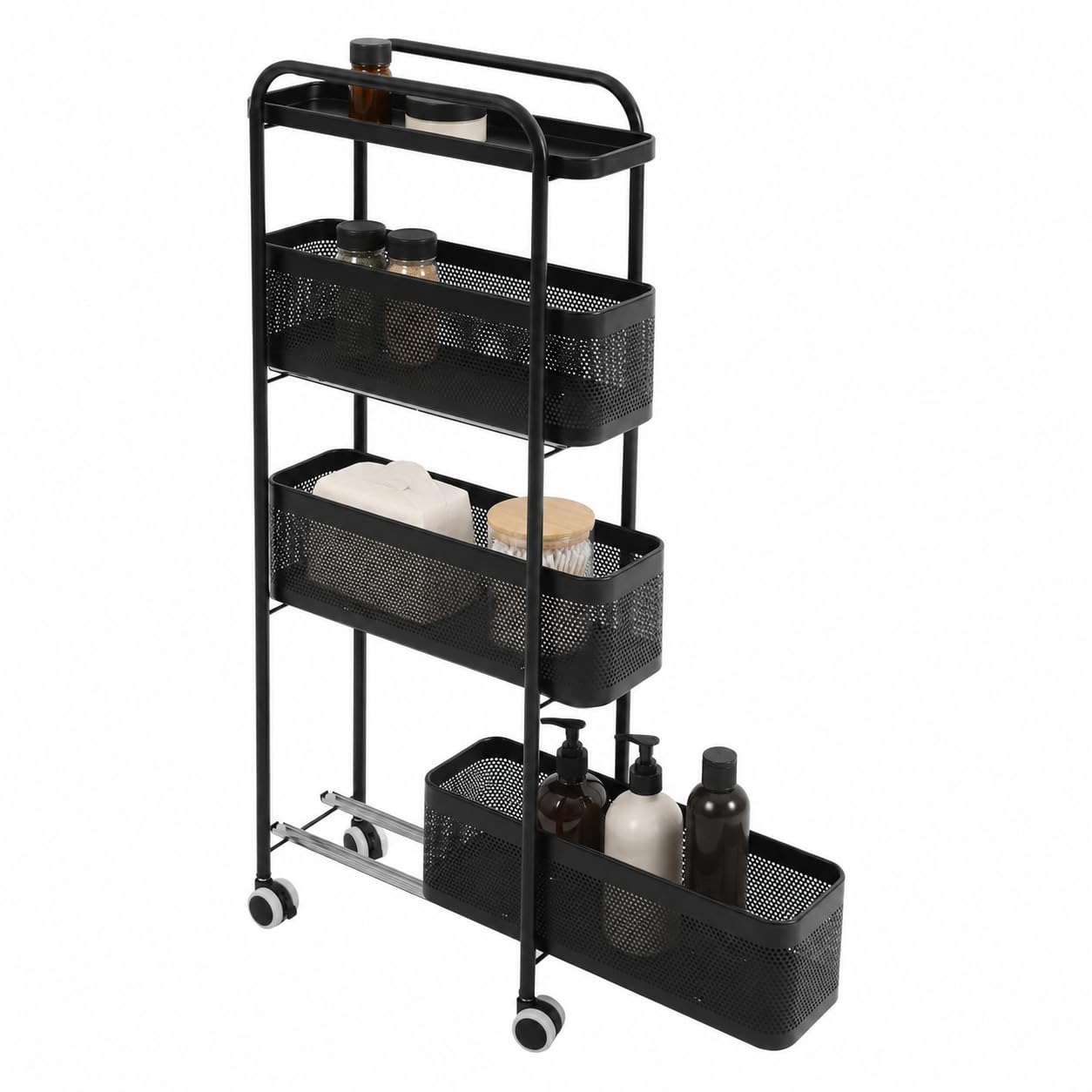 Carrello da cucina sottile, 4 ripiani, con cestini estraibili, nero | Carrello portaoggetti stretto, salvaspazio per piccoli spazi, cucina, soggiorno, bagno, 40 x 15 x 89,5 cm
