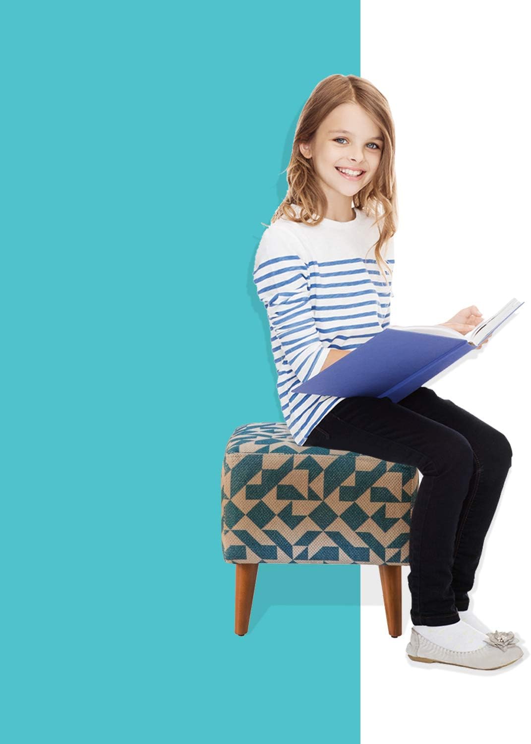 Gеt Dіѕсоunt оƒƒеr Casamudo Square Ottoman Pouf Chair, Wooden Leg Ottoman Chair for Living Room, Square Foot Stool for Living Room, Modern Vanity Stool for Bedroom, Blue - Cream