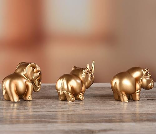 Miniatura 6 de BRASSTAR Rinoceronte elefante hipopótamo estatua de resina dorada Tres lindos amigos animales figuritas arte oficina en casa decoración de