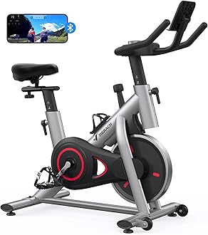 MERACH Exercise Bike, Brake Pad Stationary Bike with Exclusive App, Low Noise Indoor Cycling Bike with 300lbs Weight Capacity, Tablet Mount and Fitness Courses for Weight Loss