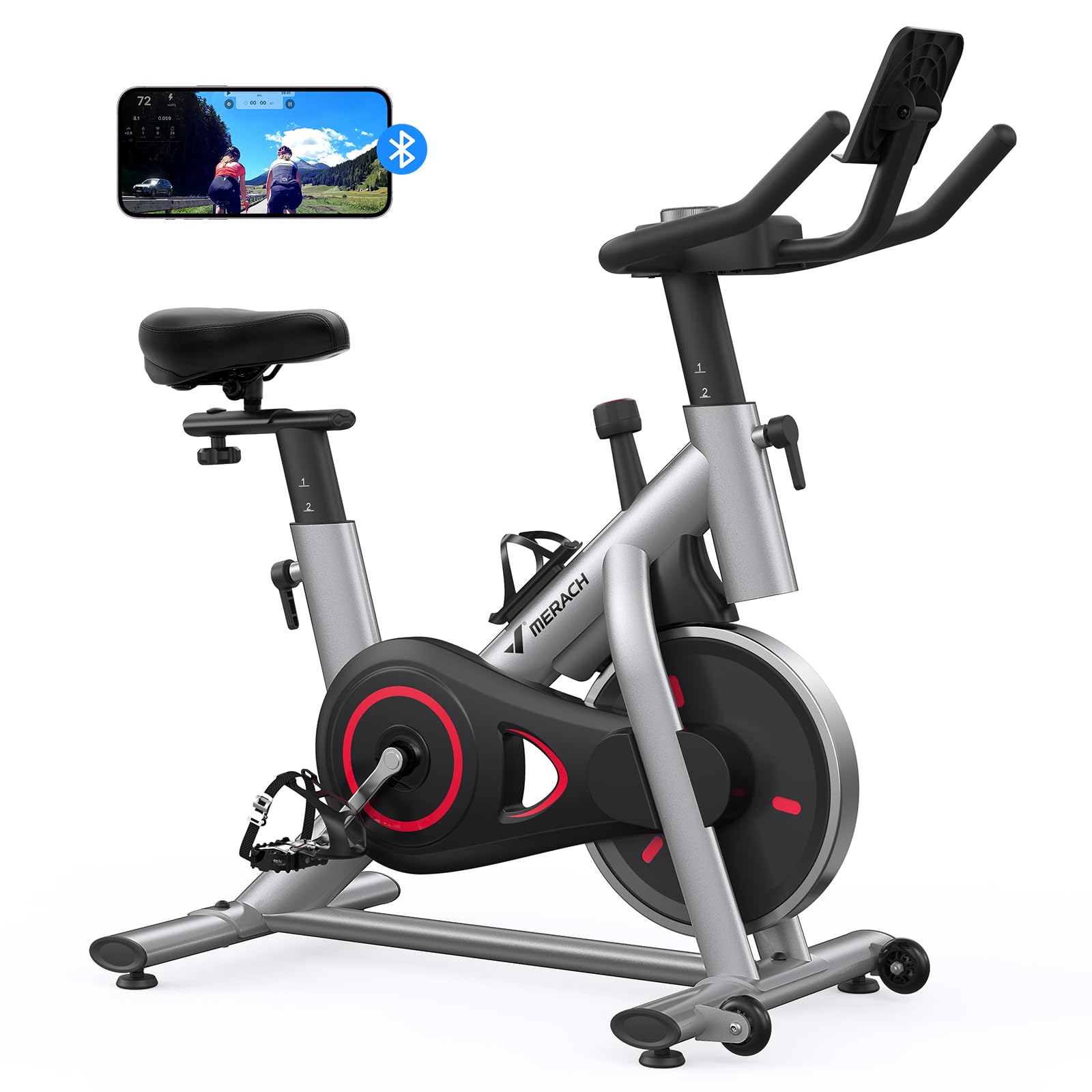 MERACH Exercise Bike, Brake Pad Stationary Bike with Exclusive App, Low Noise Indoor Cycling Bike with 300lbs Weight Capacity, Tablet Mount and Fitness Courses for Weight Loss