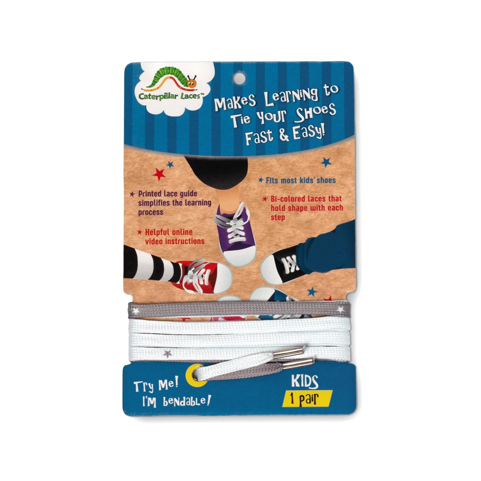 Caterpillar Shoe Laces - Learn to tie shoes fast and easy - Bi-colored, Holds Shape, Printed Guide (Laces Only), Gray and White, 45"