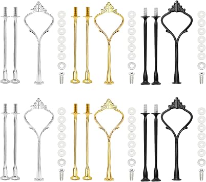 6 Sets Cake Tier Stacking Kit - 3 Tier Stand with Crown Type Cake Tray, Fruit Tray & Silicon Molds Tiered Tray Hardware Kits 2 Gold, 2 Silver, 2 Black Crown Design