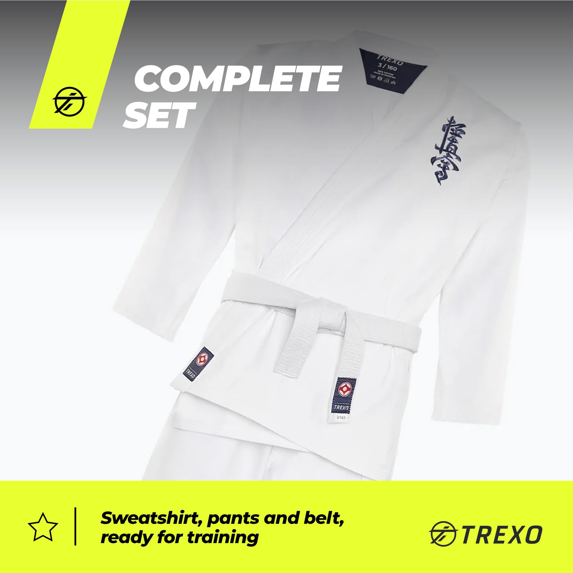 TREXO Karatega con bordado Kyokushin para karate en color blanco para 140 cm de estatura, juego de pantalones regulables, kimono, cinturón, ideal para principiantes, costuras fuertes, materiales