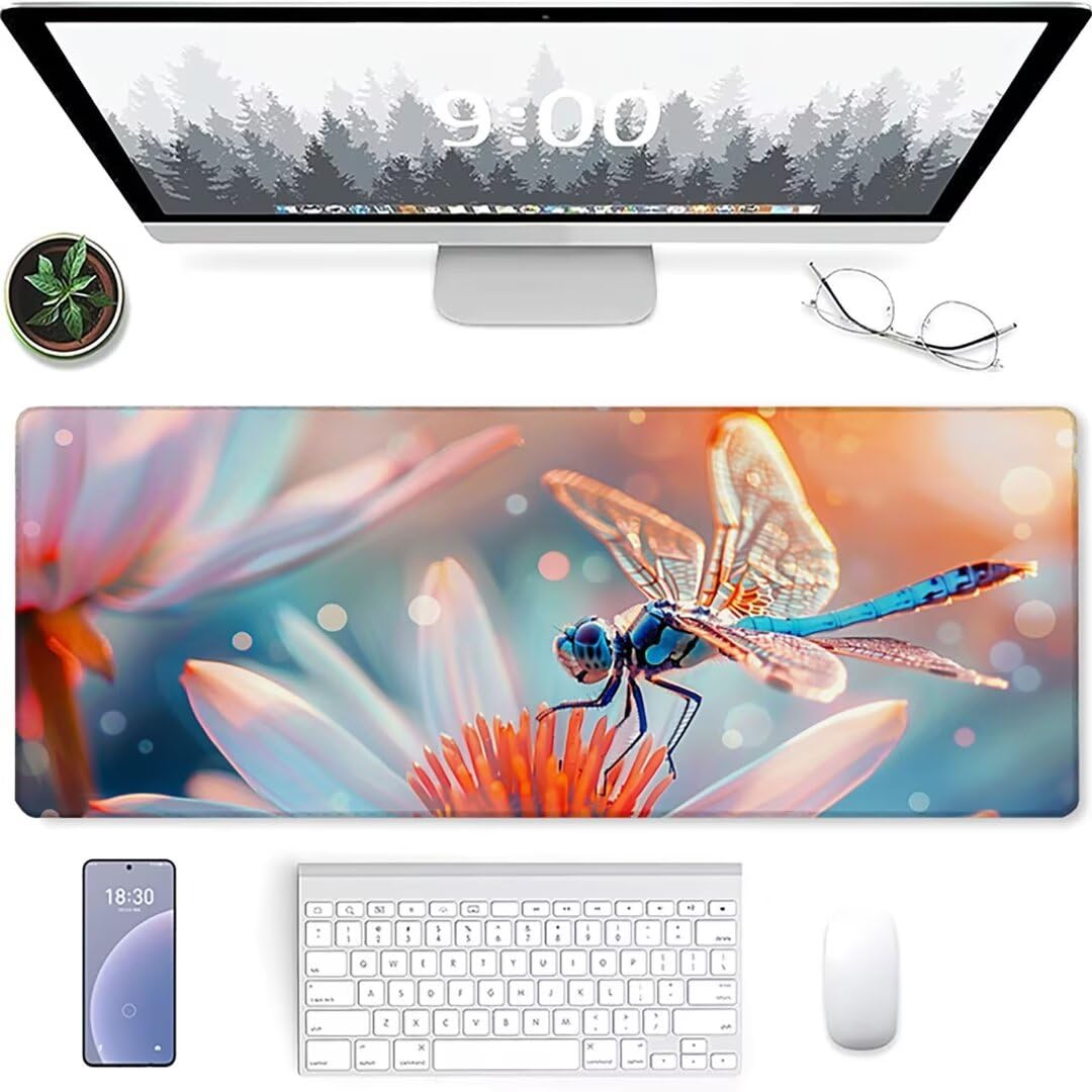 Tappetino rettangolare esteso 1200 x 600 x 3mm per mouse da gioco, Base in Gomma Antiscivolo, idrorente, resistente con cuciture anti-sfilacciamento Bianco Libellula