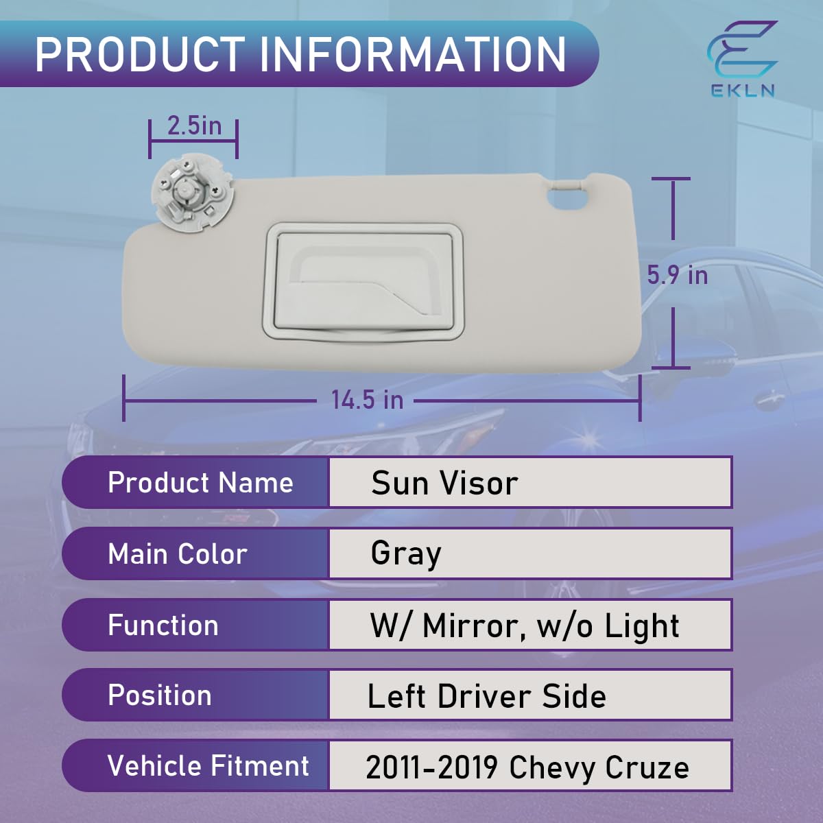 EKLN Sun Visor Left Driver Side LH with Mirror, Fit for 2011-2019 Chevy Cruze, Replaces OE# 95034256 95034253, Color: Gray (Left Driver Side)