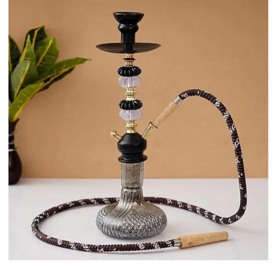 SF Handicrafts Glass Hookah Set with Decorative Stem, Brown Woven Hose, 19 Inch Height