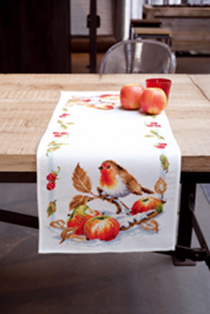 Vervaco Embroidery Kits Cross Stitch Table Runner DIY Kit, Tablecloth to Embroider with Embroidery Image in Modern Design, Cotton and Embroidery Thread, 12,8 x 33,6 Inches, Redbreast