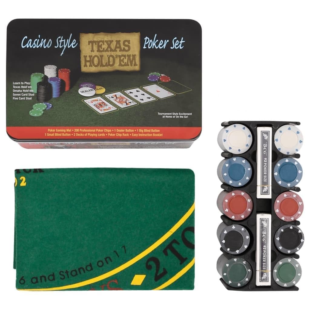 Juego de póquer con 200 fichas de 4 g, maletín de metal, alfombra de juego de 90 x 57,5 cm, 2 barajas de cartas, botón de distribuidor, botón ciego para fiestas, familia, adultos, Texas