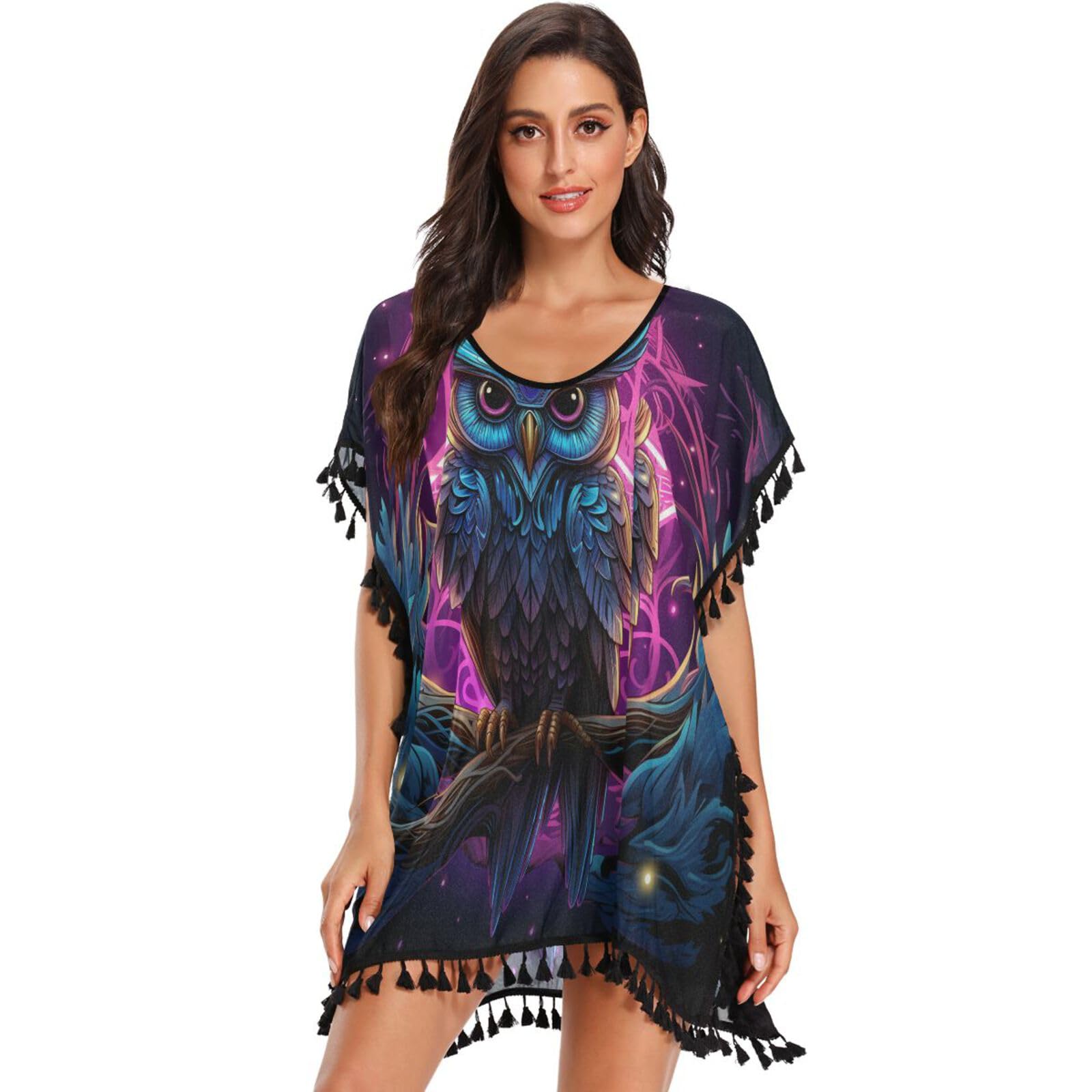 Cool Purple Owl Women's Beach Cover Up Chiffon Tassel Swimwear Swimsuit Coverups for Girl