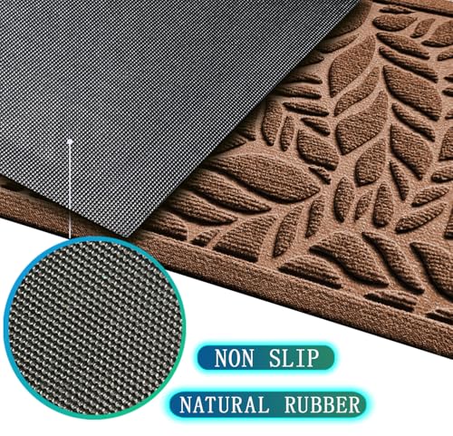 Bulijojoフロントドアマットエントランス、丈夫で耐久性の高いウェルカムマット、厚手の吸収性天然ゴムノンスリップマット、頑丈な玄関ブラウンリーフ、23x35 [3]