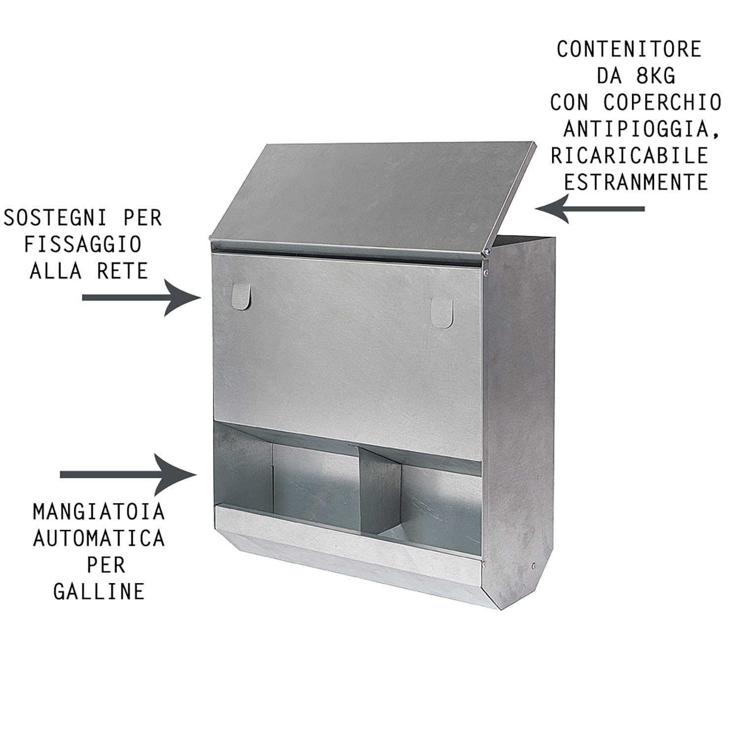 Mangiatoia per Galline 35x15x40 cm Capienza 8kg in Acciaio Zincato