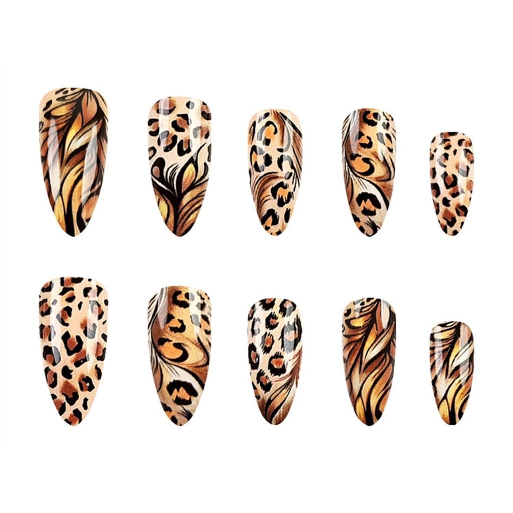 24 Pieces Long Almond Leopards Glossy False Nails Full Covers Stick on Nails Winter Nails Art Decoration