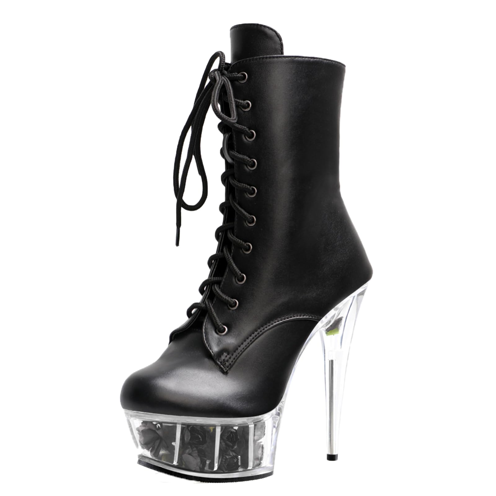 Stivali Donna Vernice Neri Punta Chiusa, Platform Trasparente 15cm
