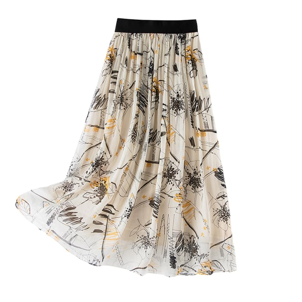 DISSA Jupe midi Soie Femme Taille élastique imprimée,S2010-13