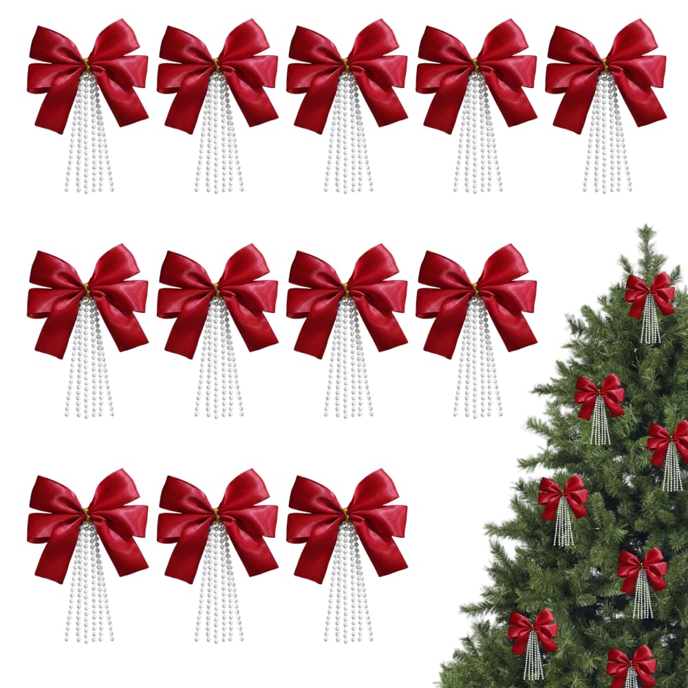 Christmas Tree Bows, 12PCS Ribbon Ornaments with Pearl Tassel