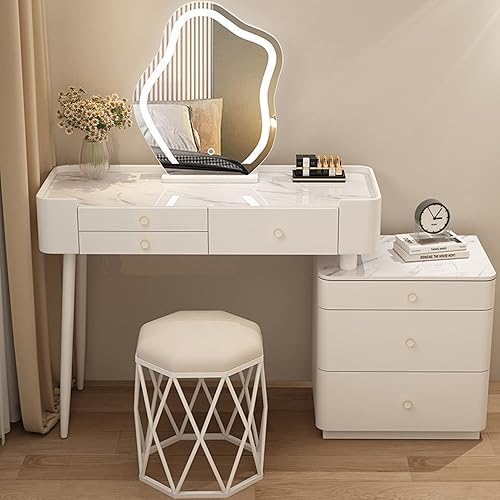 Miniatura 16 de Escritorio de tocador con espejo iluminado, tocador moderno con 3 cajones, tocador de maquillaje con taburete acolchado suave y 3 modos de Rosa