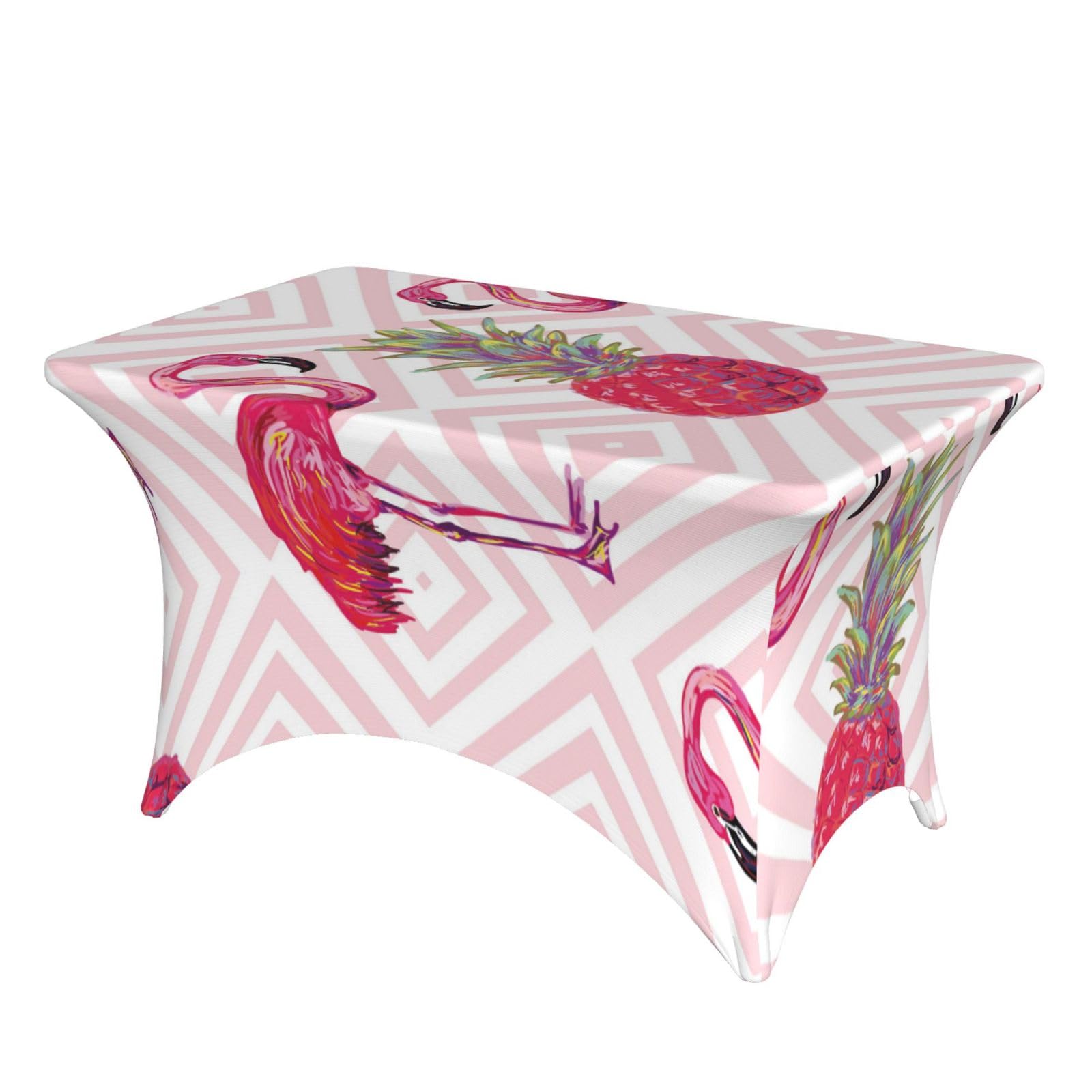 DCEHGEW 4FT Spandex Rectangular Table Cloth, Pink Flamingo Pineapple Printed Fitted Elastic Tablecloths Washable Table Cover for Event, Wedding, Banquet & Party