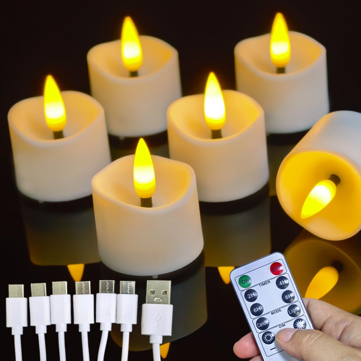 Anzhen Wiederaufladbare Led Teelichter mit Fernbedienung und Timer, 6 Stück, realistische flackernde Glühbirne, batteriebetriebene flammenlose LED Kerzen, elektrische künstliche Kerze in warmem Gelb