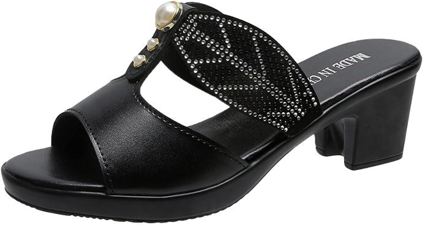 Entireface Sparkly Mule Shoes for Women Mule Slippers Black Slip On Block Heel Sandals Slide Sandals Diamante Chunky Rihnstone Hollow Out Peep Toe Clogs & Mules M04
