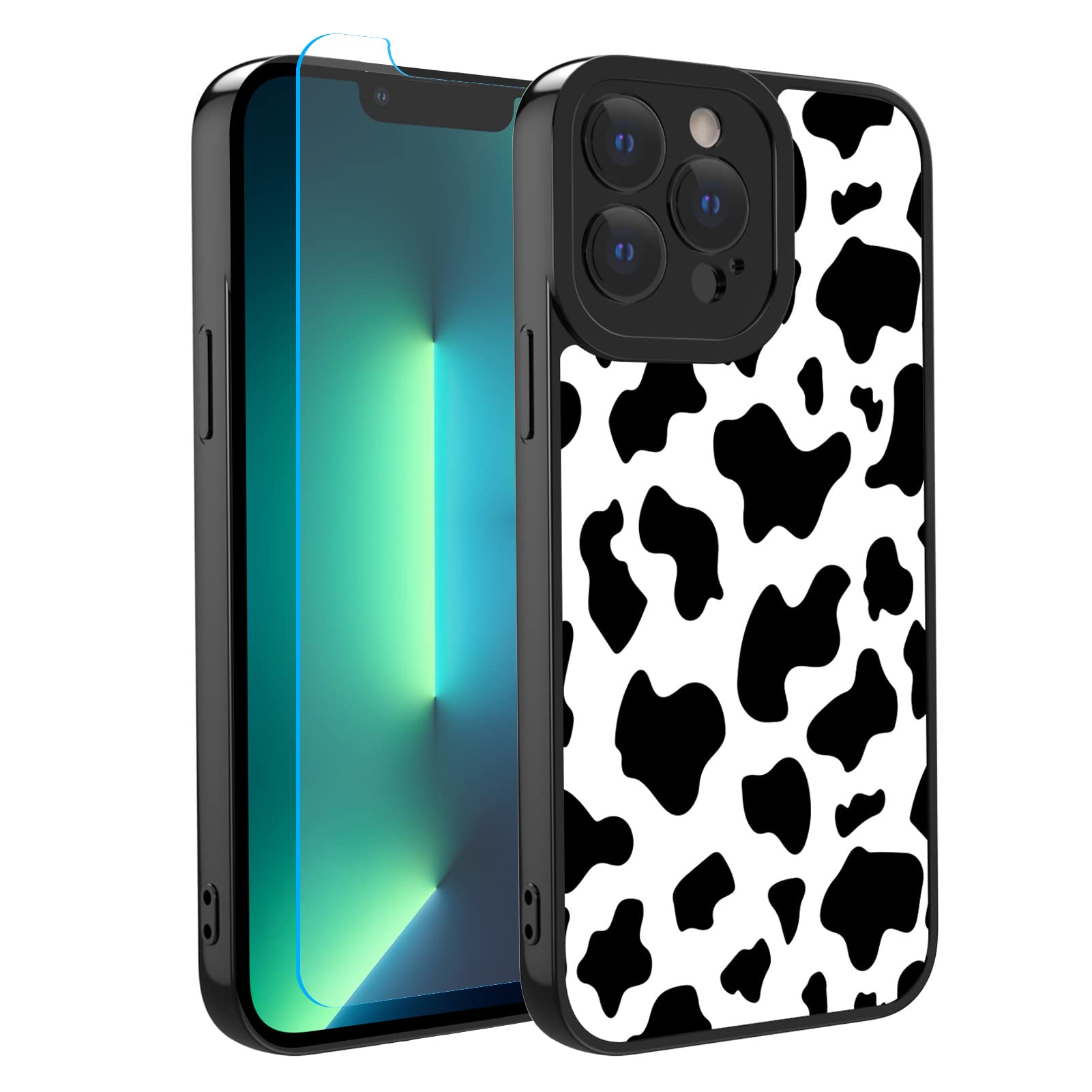 OOK Compatible with iPhone 13 Pro Case Cute Cow Print Fashion Slim Lightweight Camera Protective Soft Flexible TPU Rubber for iPhone 13 Pro with [Screen Protector]-Black