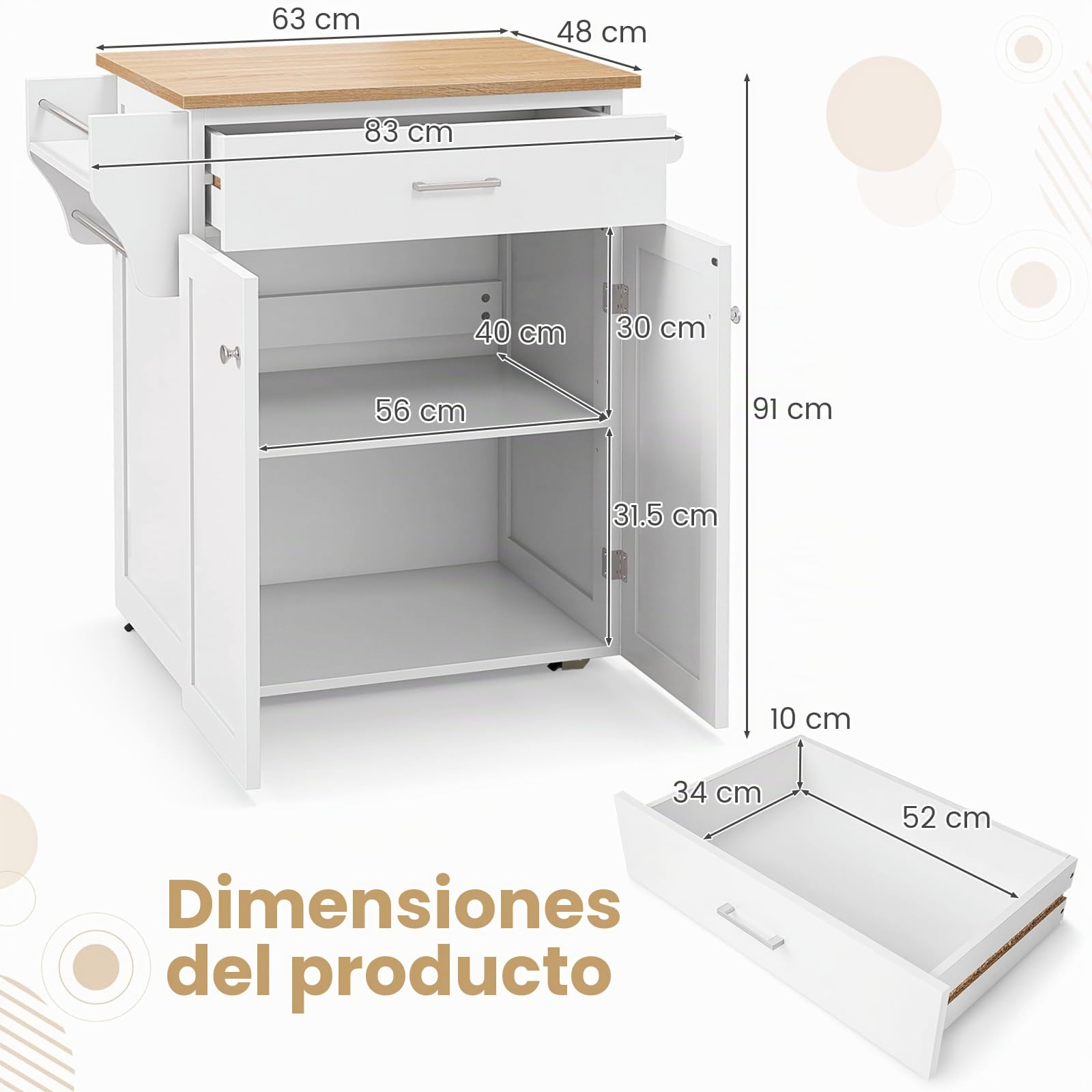 KOMFOTTEU Carrito de Cocina con Ruedas, Carro de Servicio con Cajón, Armario con 2 Puertas, Especiero y Toallero, Isla de Cocina con Estante Ajustable, para Comedor, Bar, 83 x 48 x 91 cm, Blanco