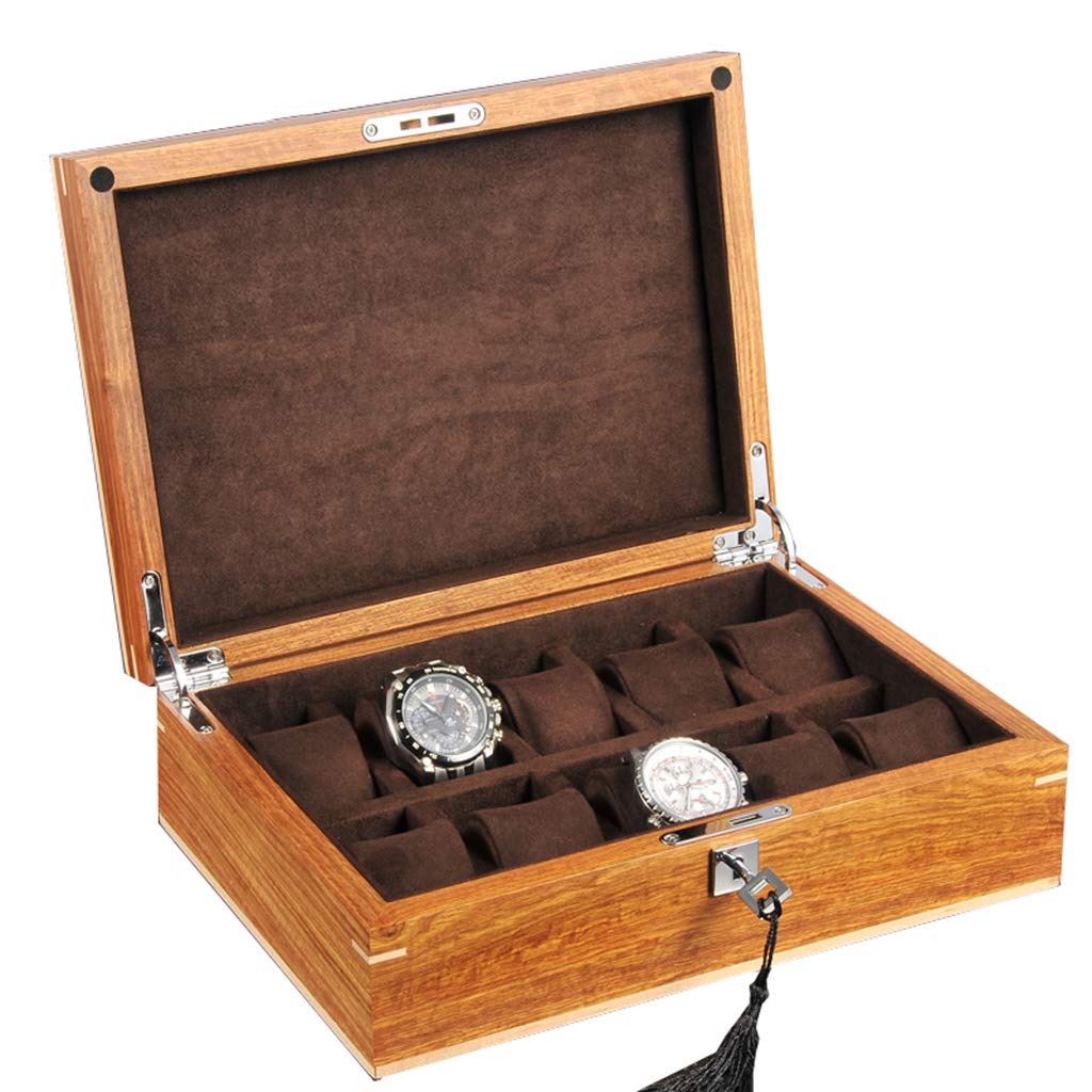 ANVLOJRIH Watch Box Wooden 10 Slots Watch Jewelry Display Storage Case Lockable Metal Lock Showcase Organiser Glass Lid for Men Women