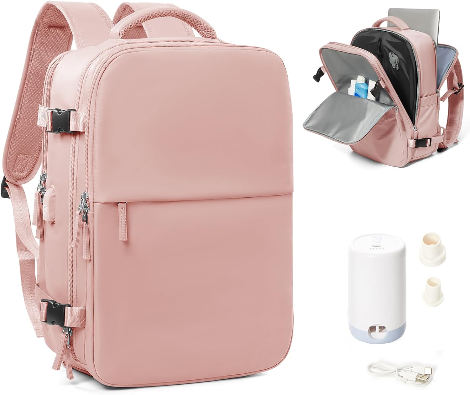 Vacuum Seal Compression Travel Backpack for Women Men Air Backpack Vacpack Travel Vacuum Bags with Pump Laptop Backpack with Shoe Compartment Carry On Suitcase Luggage Flight Approved Pink