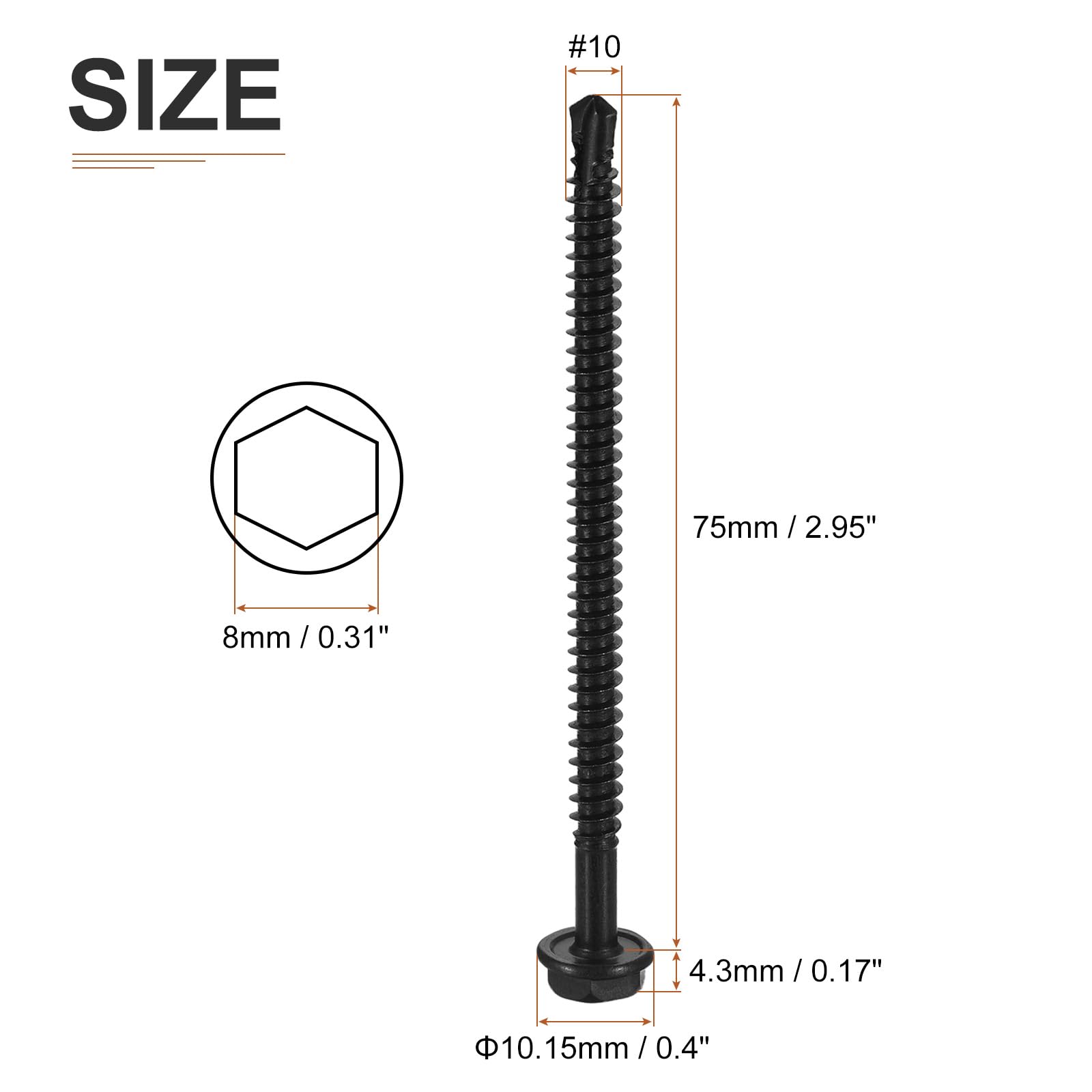 DTGN #10x3" Hex Washer Head Self Drilling Screws, 50Pack, Good for Machine, 410 Stainless Steel Black Oxide - Image 2