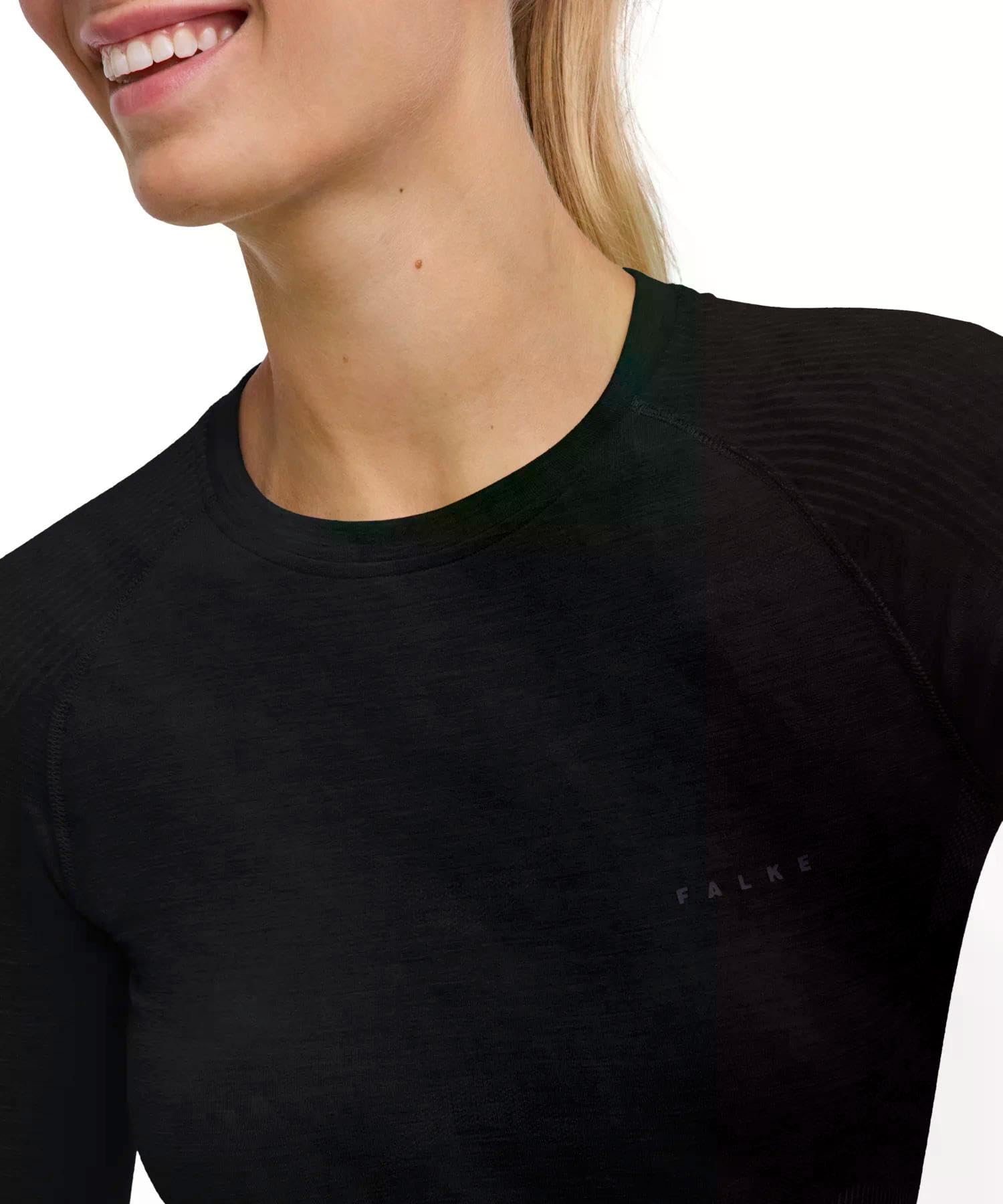 FALKE Kobiety Warstwa podstawowa (góra) Wool-Tech Light Round Neck W L/s Sh wełna materiał funkcjonalny regulujące klimat 1 Sztuka, Czarny Black 3000, L