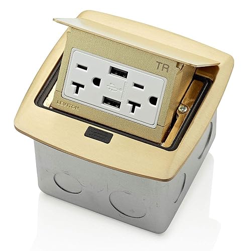 Leviton Caja de piso desplegable con doble tipo A, cargador USB 3.6, salida de 20 amperios, latón, PFUS2-BR