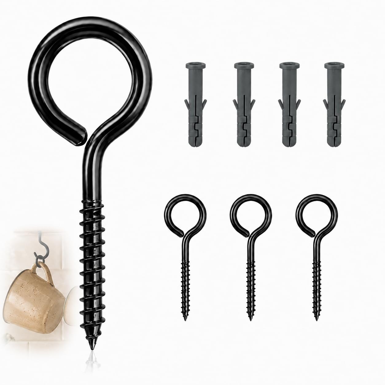 GUGUGO Screw Hooks M8 x 100 mm 4 Pack with Wall Plugs, Black Closed Eye Self-Tapping Screws, Heavy Duty Stainless Steel Screw-in Hangers for Wire Rope, Cables, Chains, Lights, Indoor and Outdoor Use โ image 1