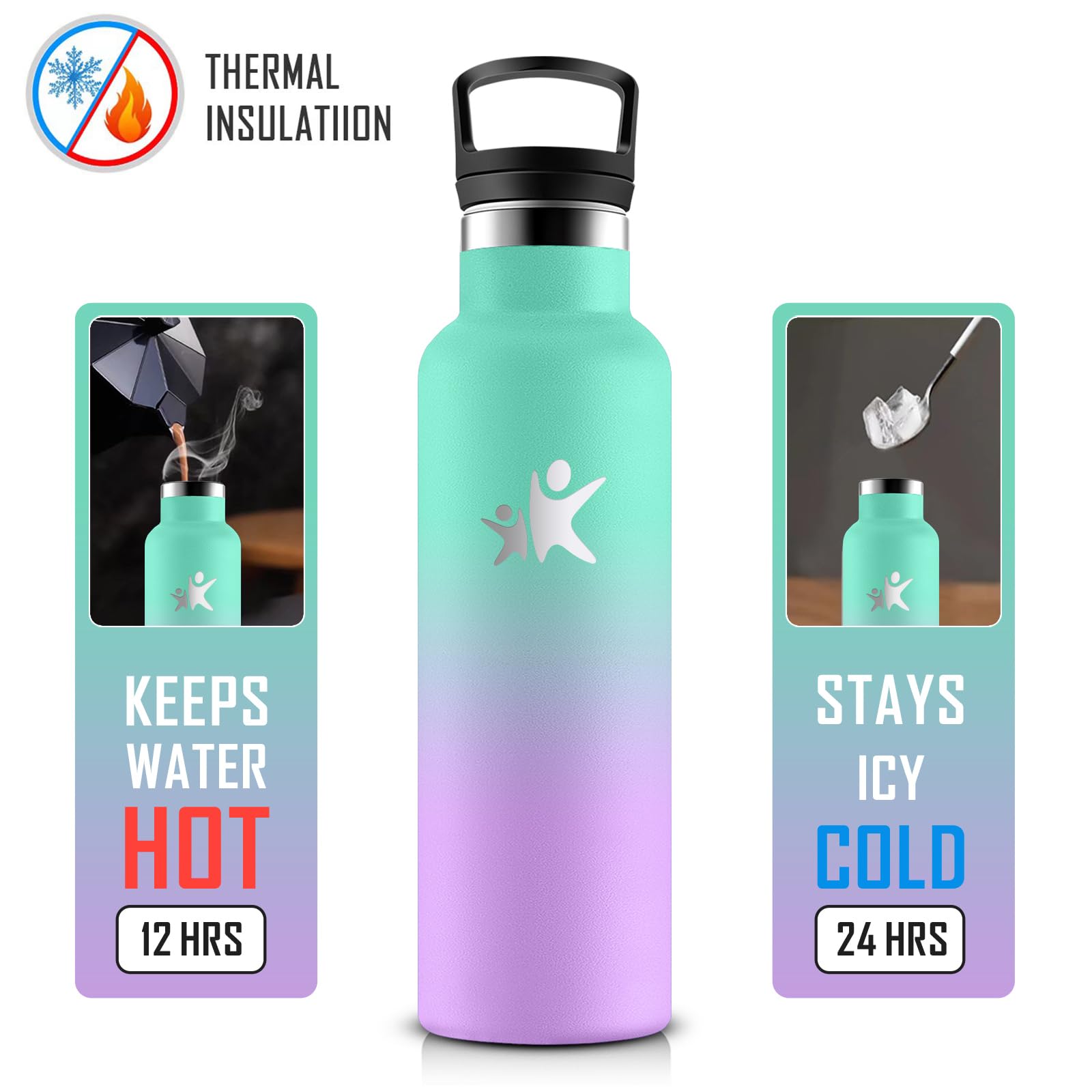 KollyKolla Botella Agua Acero Inoxidable 500ml, Cantimplora Termo con Doble Aislamiento, Botella Termica con Pajita, sin BPA, Termo Reutilizable para Oficina, Camping, Niños, Fitness, Niños, Yoga