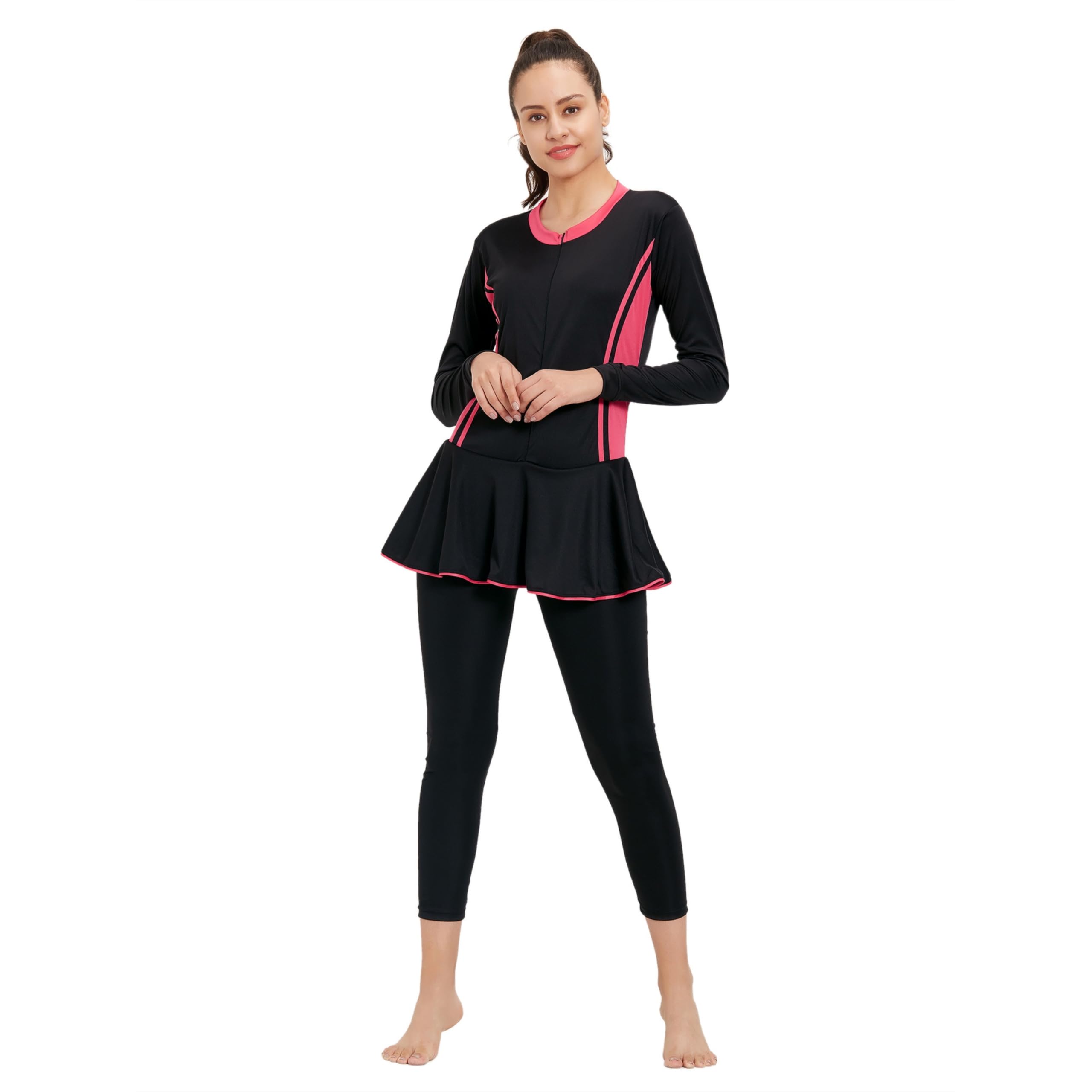 Women’s Full Coverage Swimsuit – Modest Long Sleeve One Piece Swim Dress with Front Zipper, UV Protection, Quick-Dry & Chlorine Resistant Fabric
