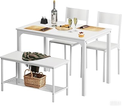 soges Kitchen Nesting Dining Table with 2 Chairs & Storage Bench, White