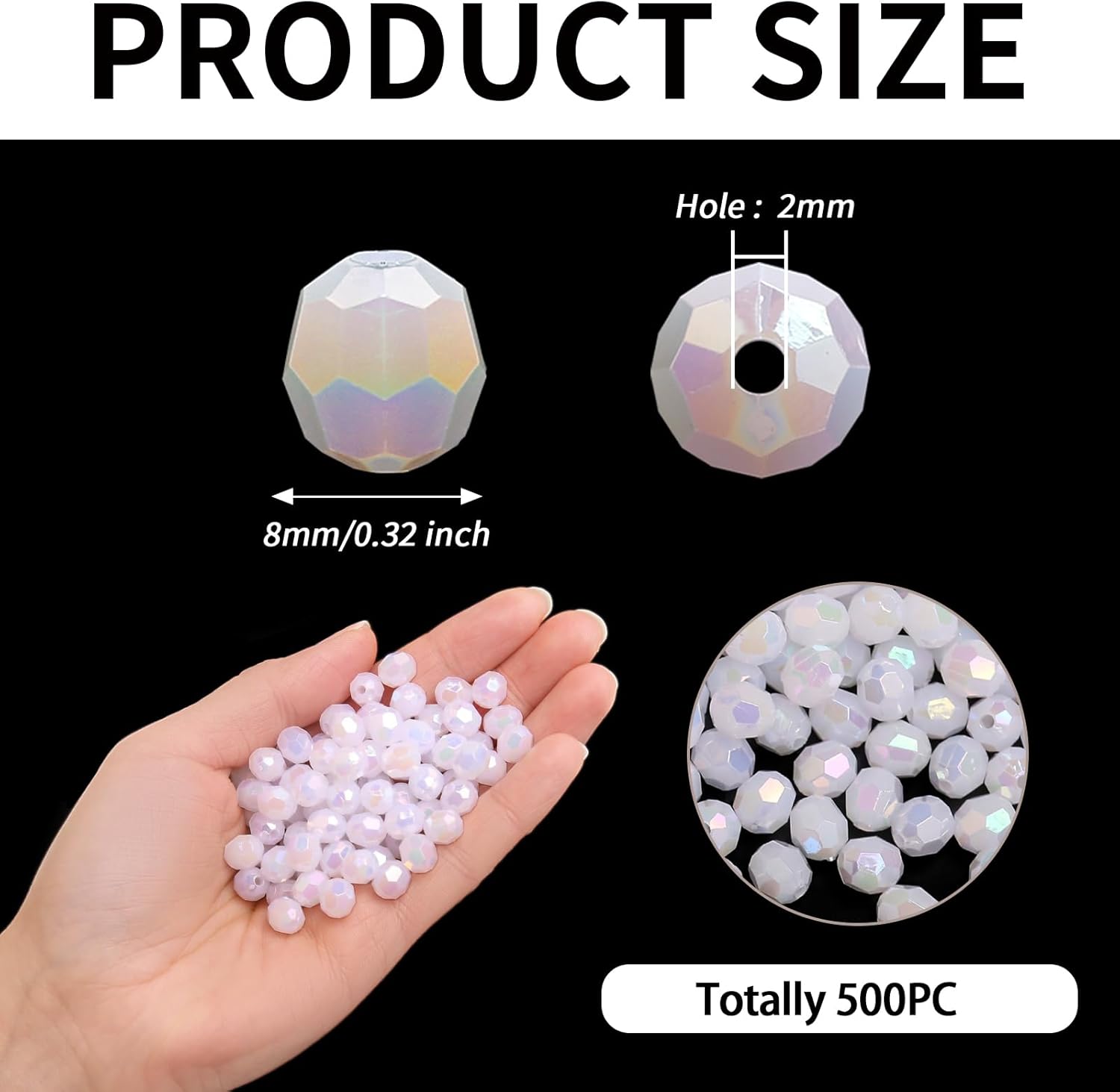 BONNY BOXX 500pcs 8mm Acrylic Faceted Round Crystal Beads White AB Loose Spacer Craft Beads for DIY Bracelet Necklace Earring Keychain Jewelry Making Bags Decoration - Image 3