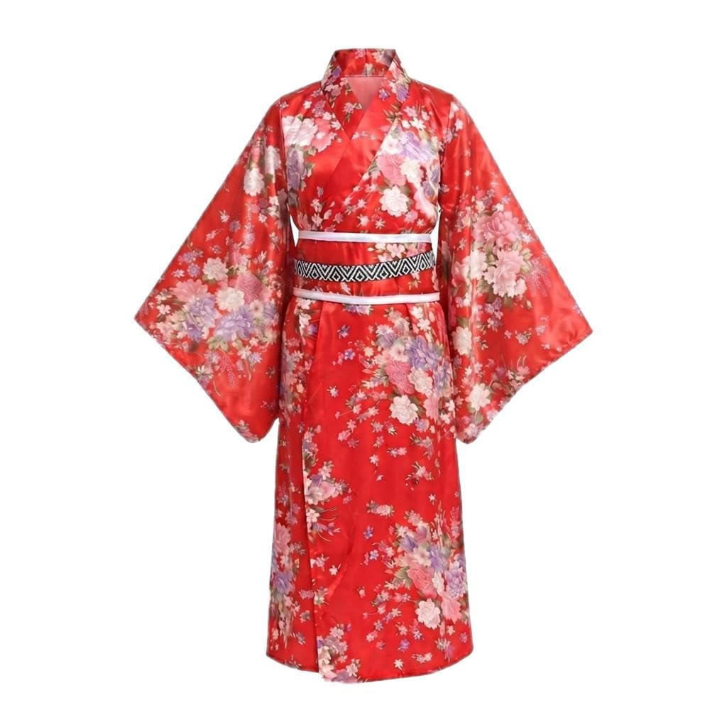 Lito Angels Girls Japanese Kimono Costume Set, Floral Satin Yukata Dress with Obi Belt & Traditional Long Robe for World Book Day Dress Up, Little Kids Age 5-6 Years, Red — image 1