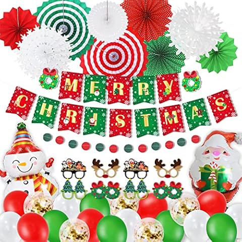 Christmas Party Decorations Paper Fans Supplies, Red and Green Merry Christmas Decorations Set include Round Folding Party Paper Fans Decor, Merry Christmas Banner, Christmas Themed Glasses Decor Cover