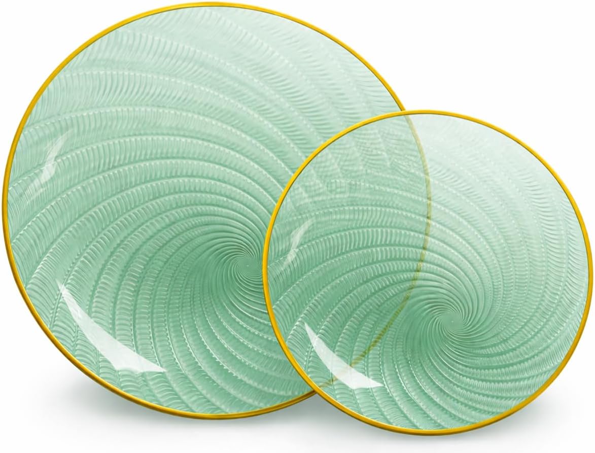 Lillian Tablesettings 32-Piece Tinted Green Plastic Plates Set, 16×10" Dinner & 16×7" Salad Plates, Heavyweight Disposable Plates with Gold Rim, Elegant Swirl Design Dinnerware