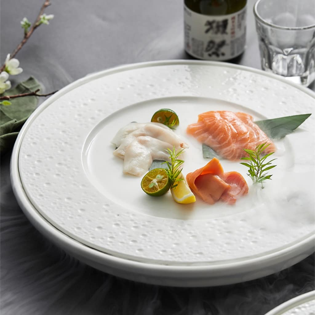 Plato Redondo de Sashimi de Hielo seco, Bandeja Creativa de cerámica para Sushi, Plato de mariscos, salmón, Plato de Cocina Molecular, Plato para Servir Aperitivos para e,White-S