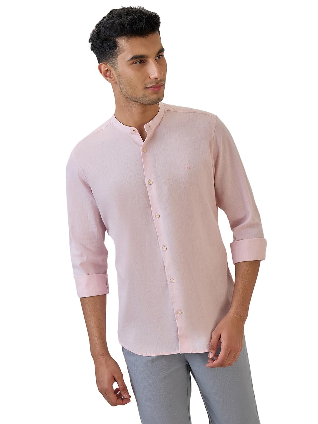 Men Regular Fit Chambray Pattern Cotton Blend Mandarin Collar Full Sleeve Casual Shirt-image-44
